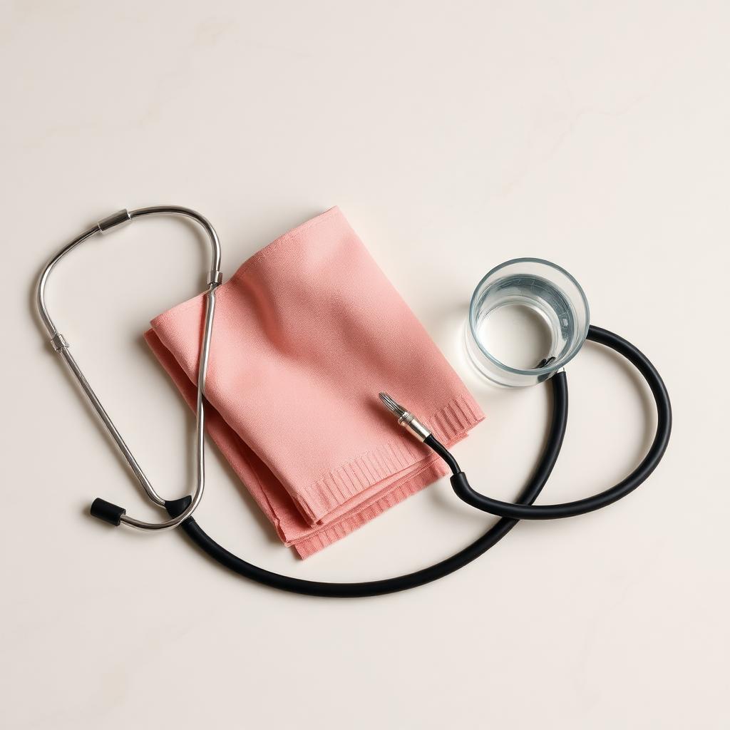 Stethoscope and folded pink linen beside a glass of water on marble