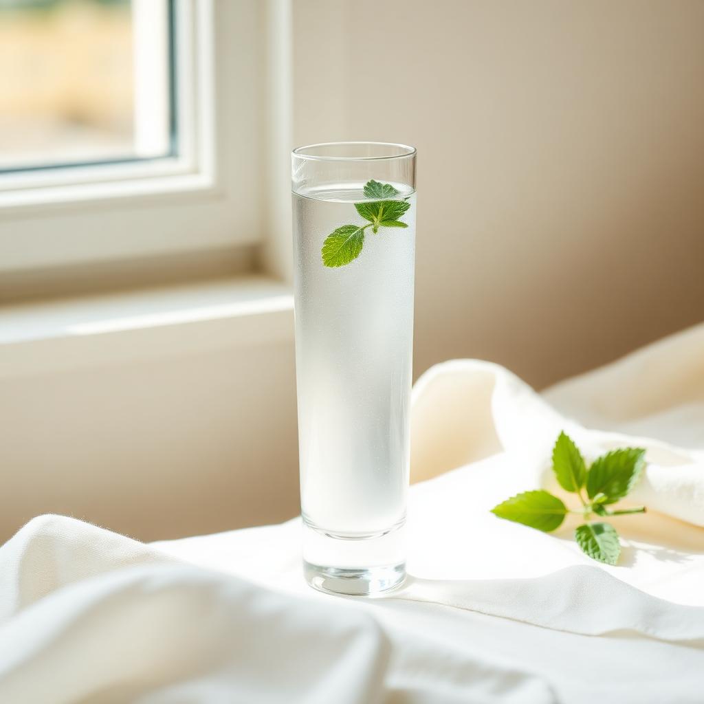 Tall glass of clear water with fresh mint sprig on cream linen