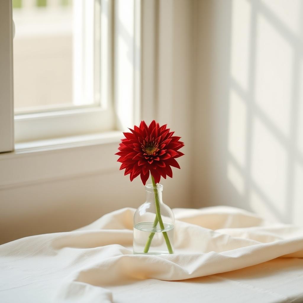 Single crimson dahlia in a small clear glass vase on cream linen
