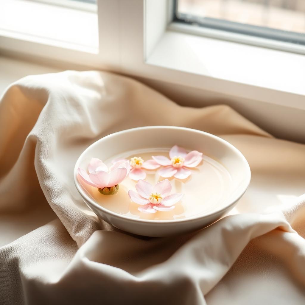 Soft pink camellia blossoms floating in a shallow ceramic dish
