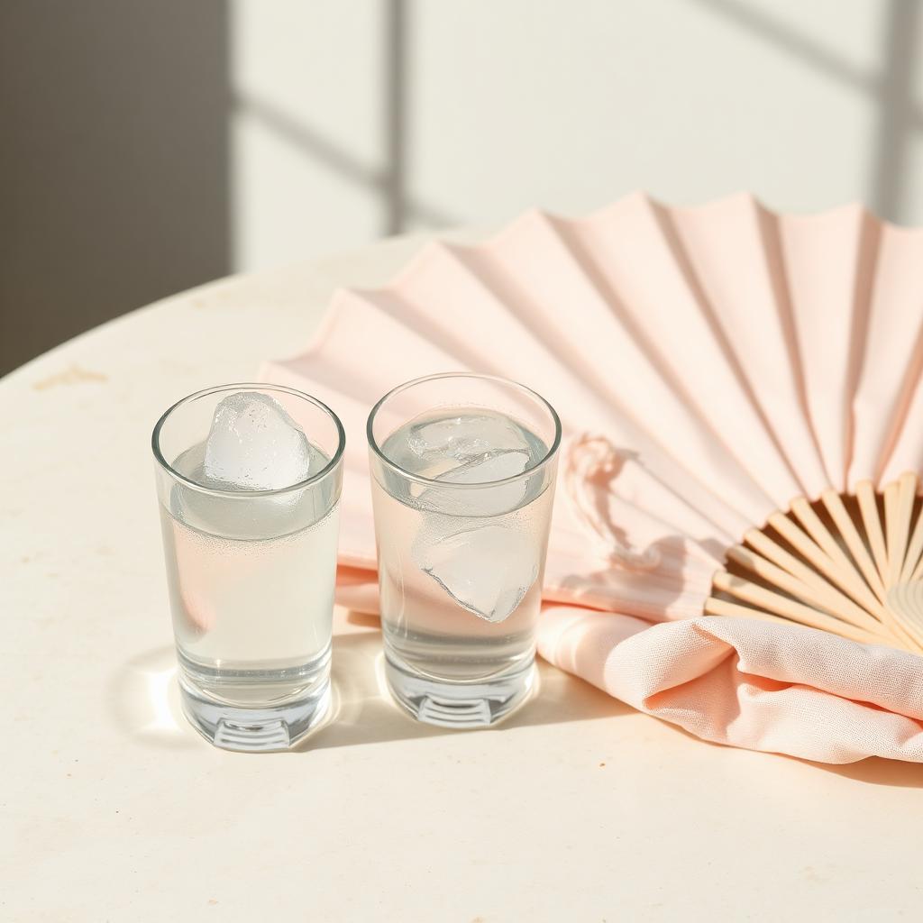 Iced water glass with condensation beside a pastel folded fan