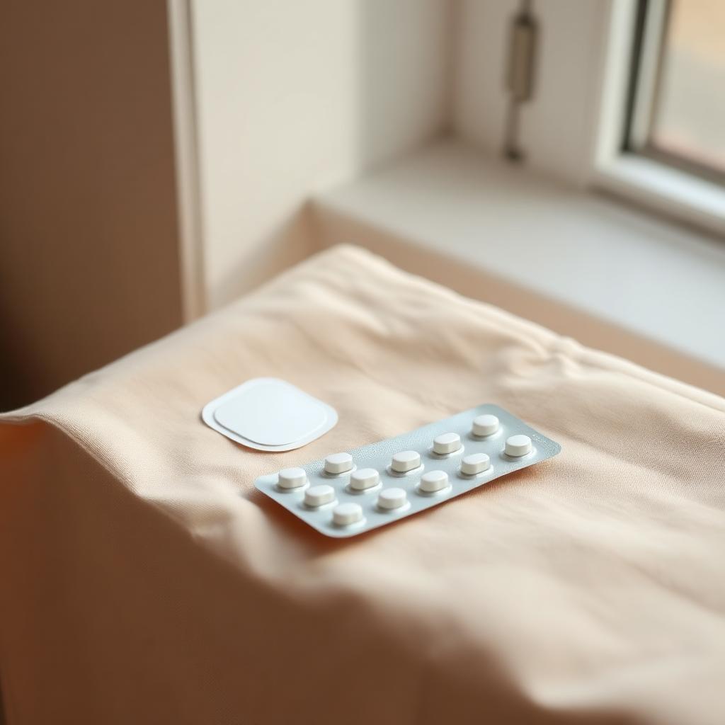 HRT patch and blister pack of tablets on soft linen in window light