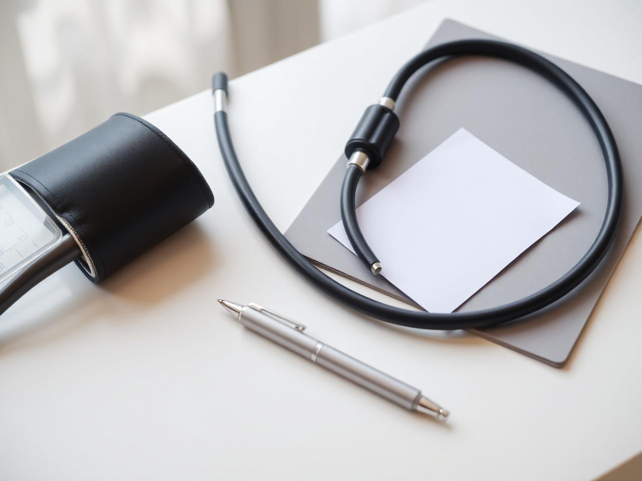 Blood pressure cuff, stethoscope, blank card and pen on a clinic desk