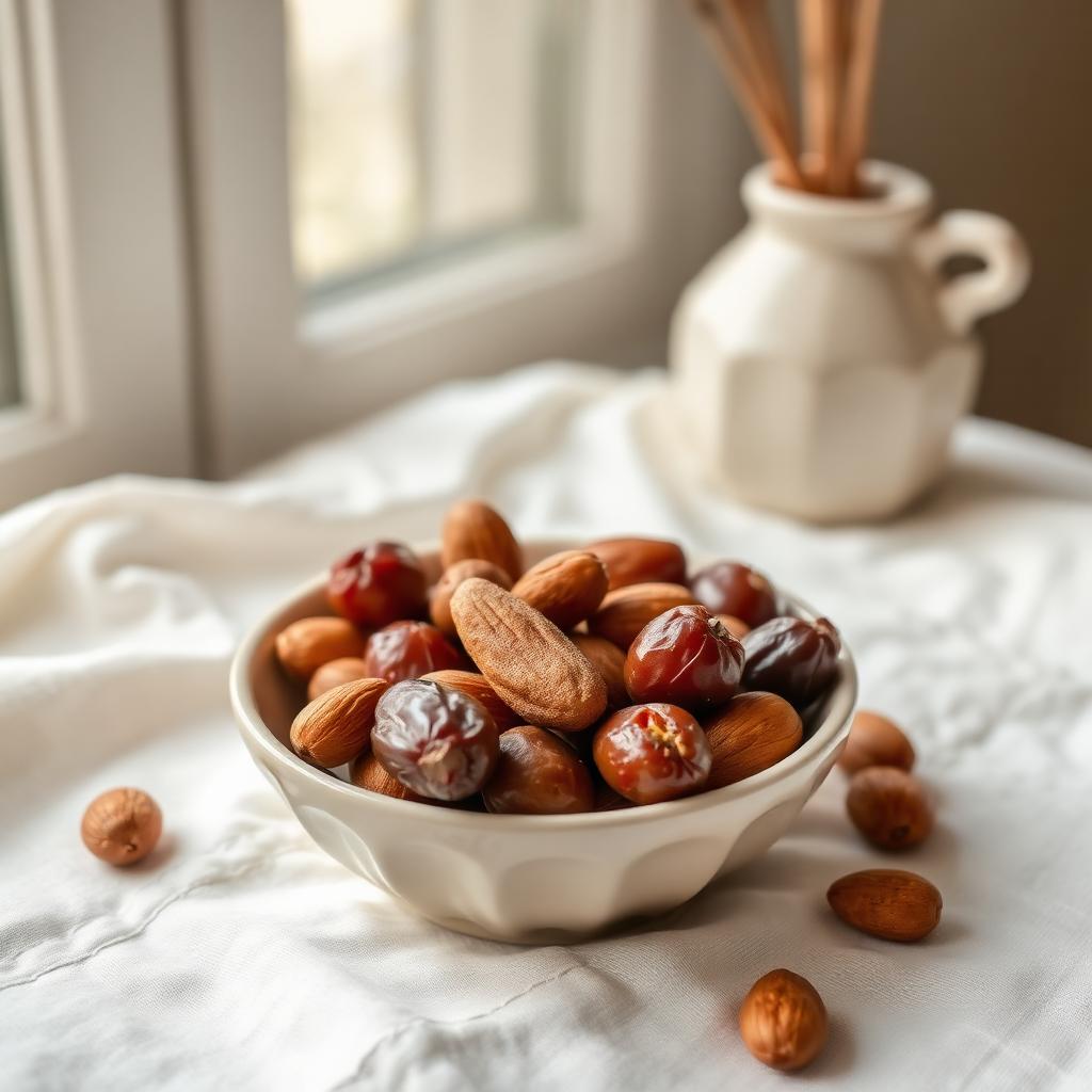 Small pale ceramic bowl of almonds and medjool dates on cream linen