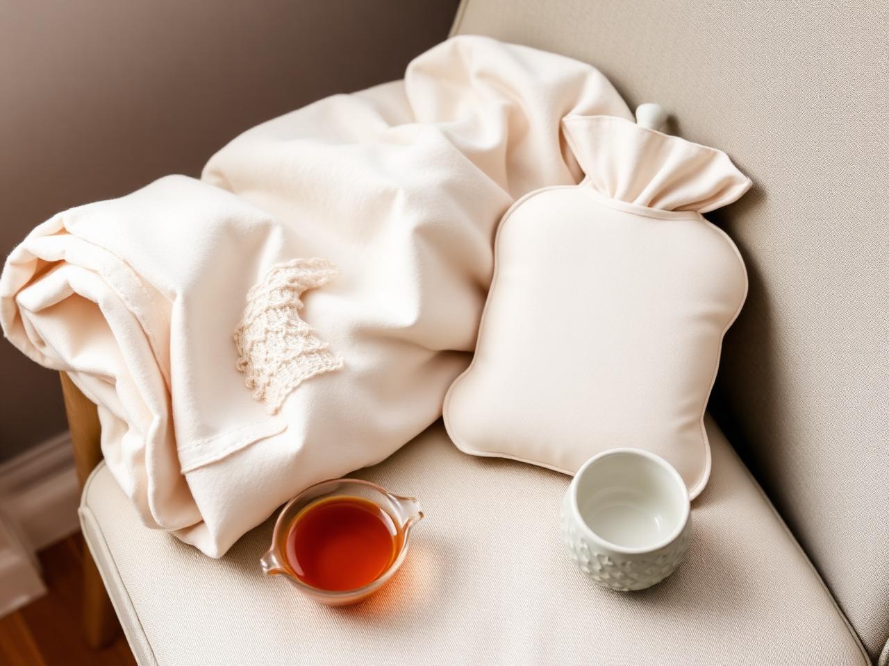 Folded blanket, hot water bottle and tea on a soft recovery chair