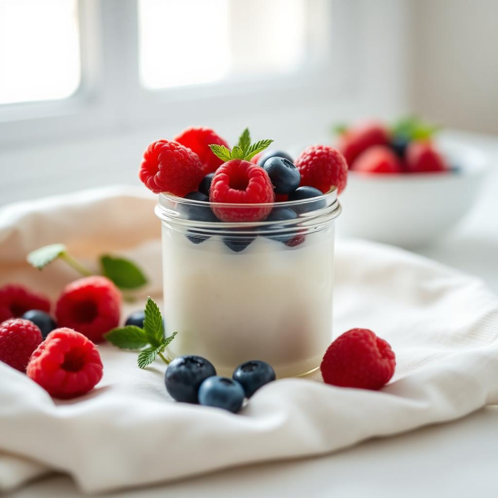 Small glass jar of kefir with fresh berries on pale linen