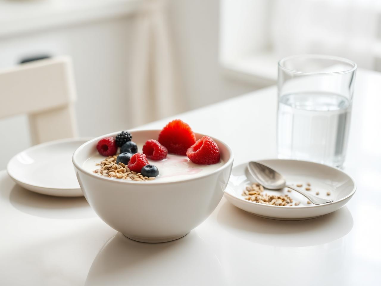 Yoghurt bowl with berries, seeds and water on a bright kitchen table