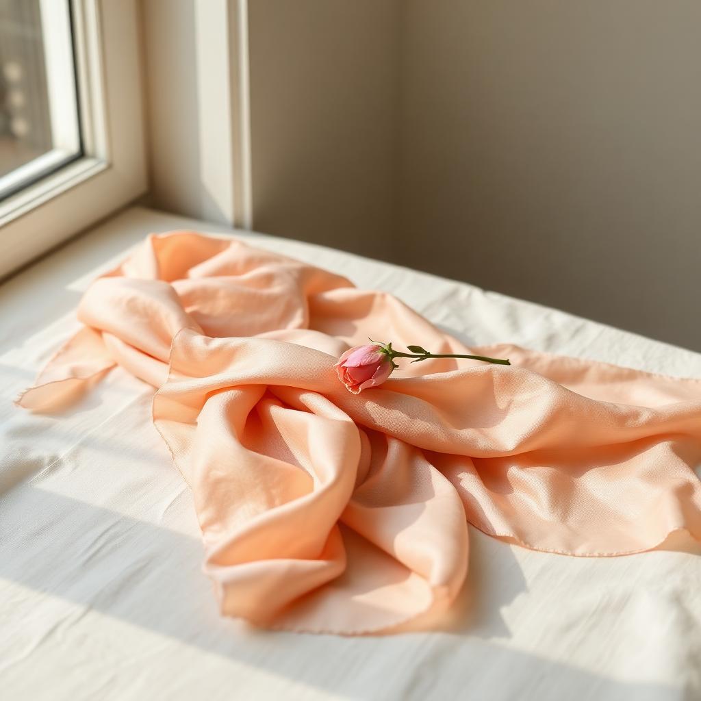Folded peach silk scarf and a single dried rose on cream linen