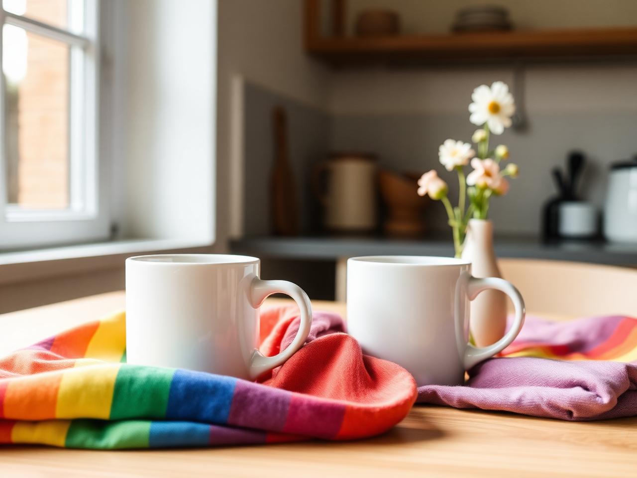 Two mugs and softly folded rainbow-toned fabric on a kitchen table