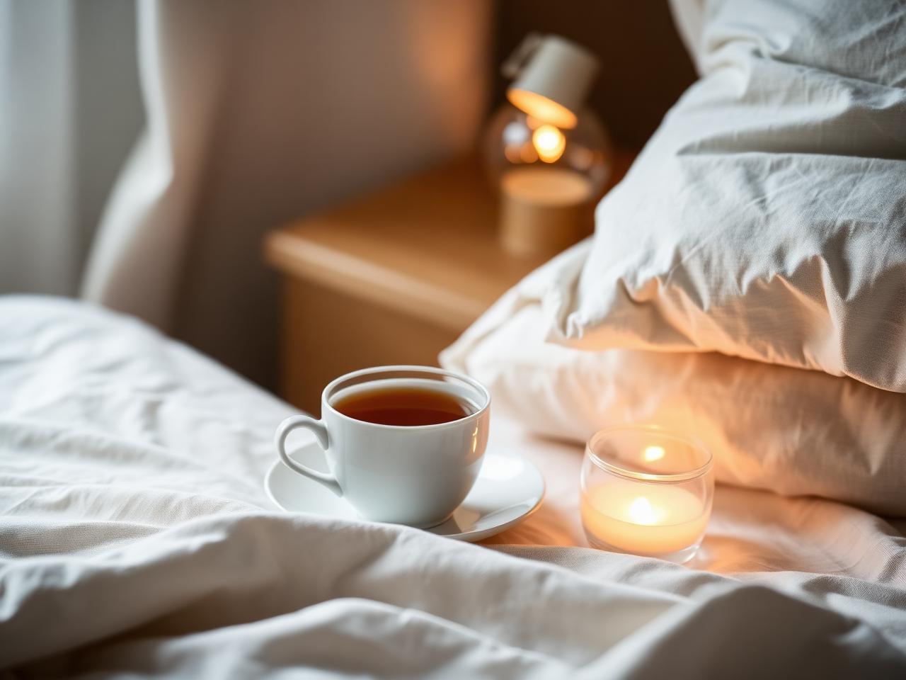 Two cups of tea beside soft bedding and warm bedside light