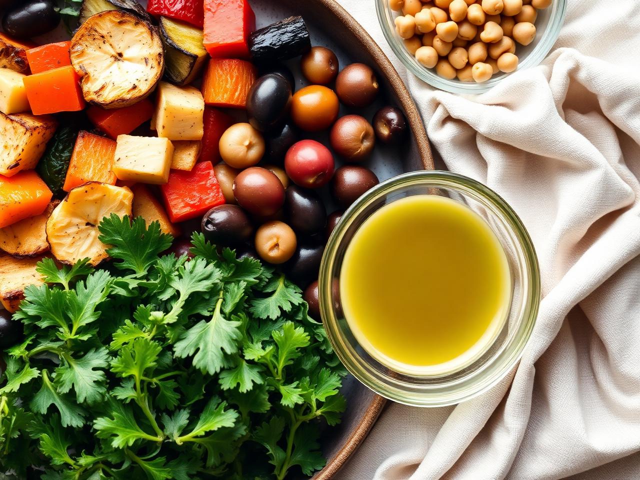 Roasted vegetables, olives, chickpeas, greens and olive oil on linen
