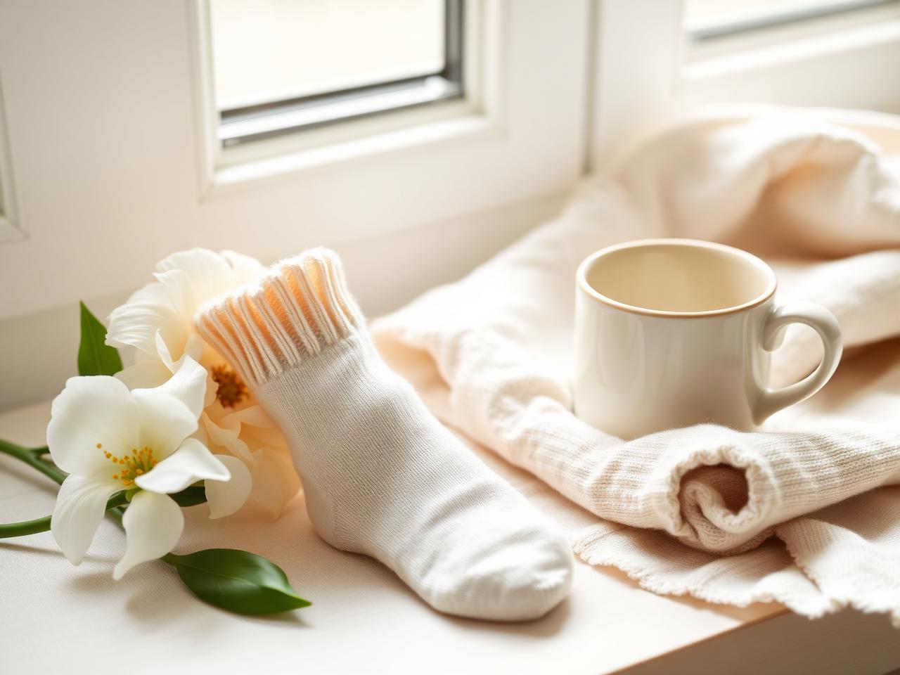 Cream baby socks, white flowers and a mug in soft window light