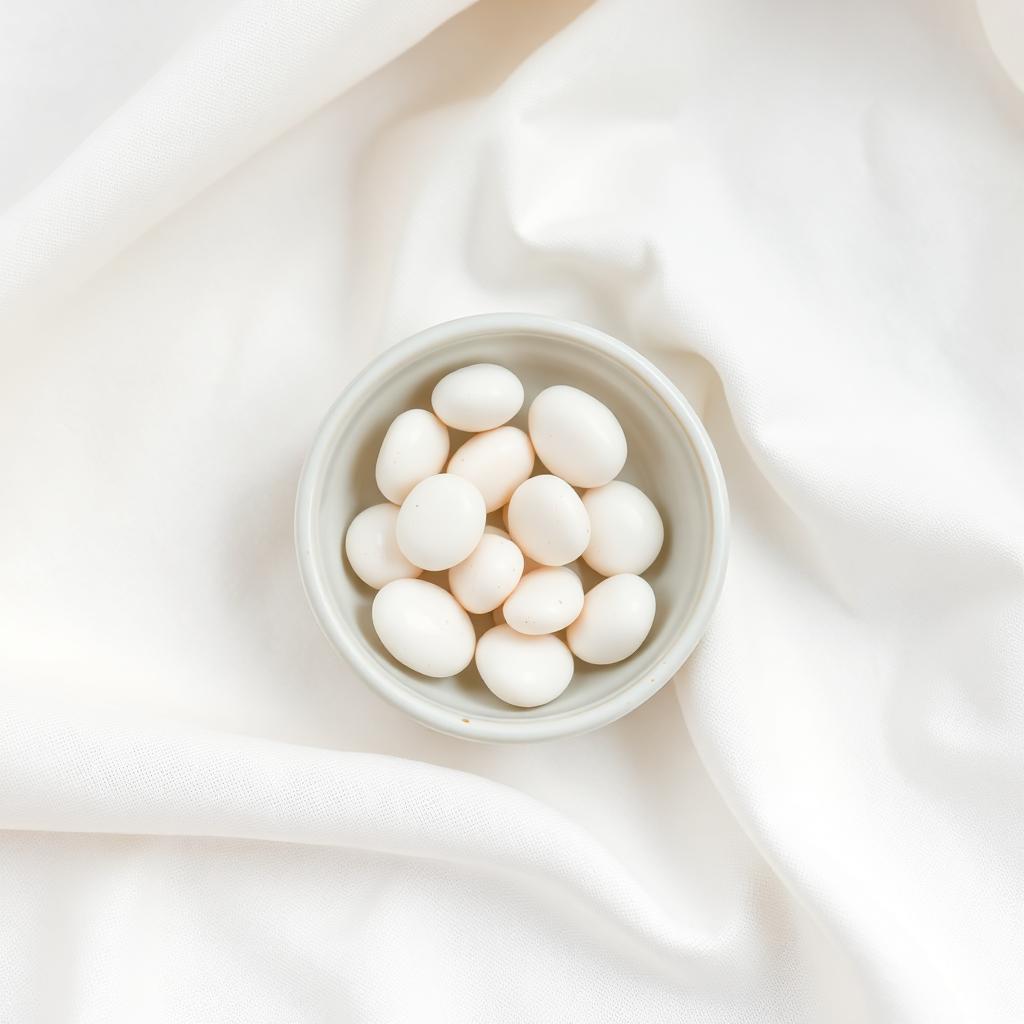 Small pale ceramic dish holding round white pebbles on cream linen