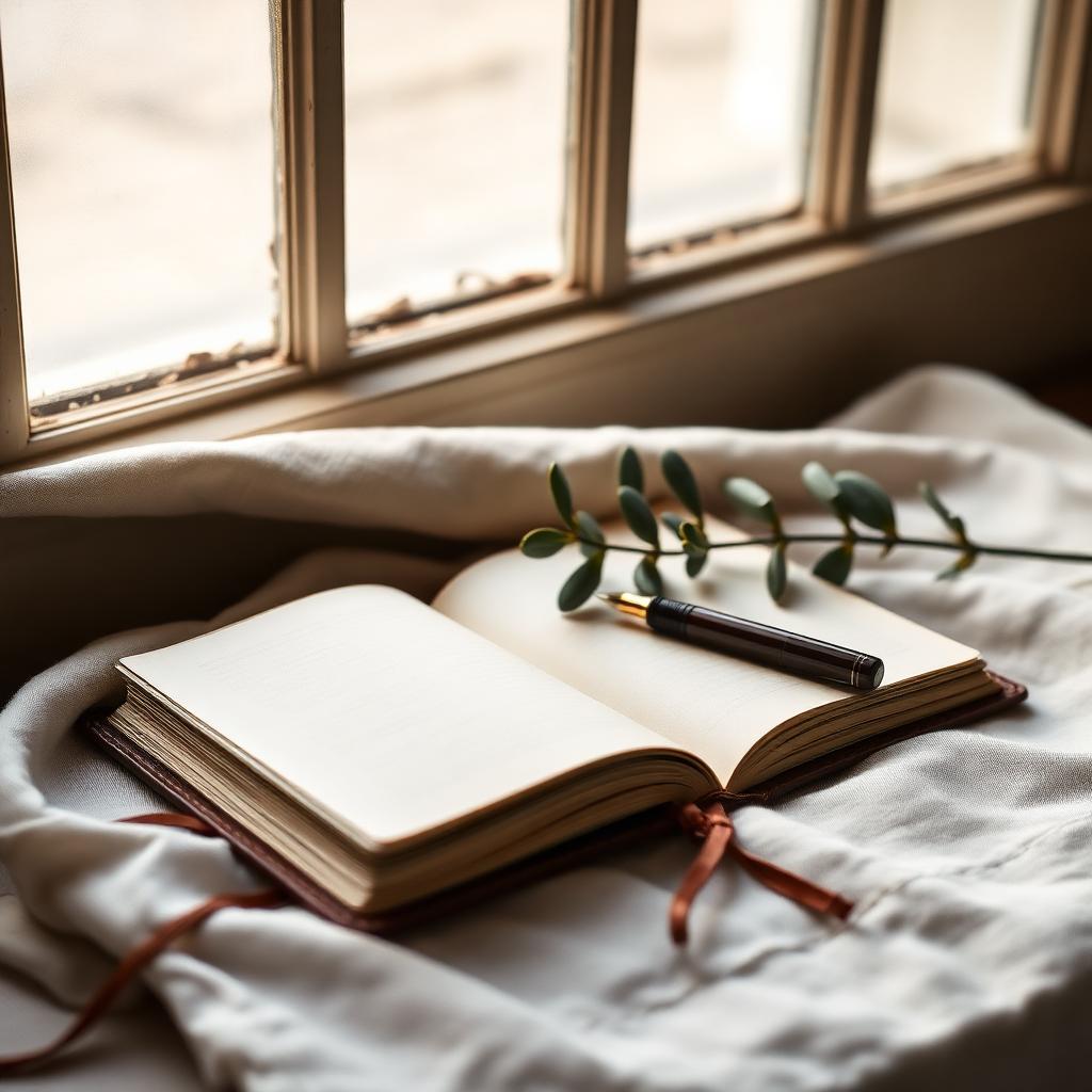 Open leather journal with fountain pen and a sprig of eucalyptus on cream linen