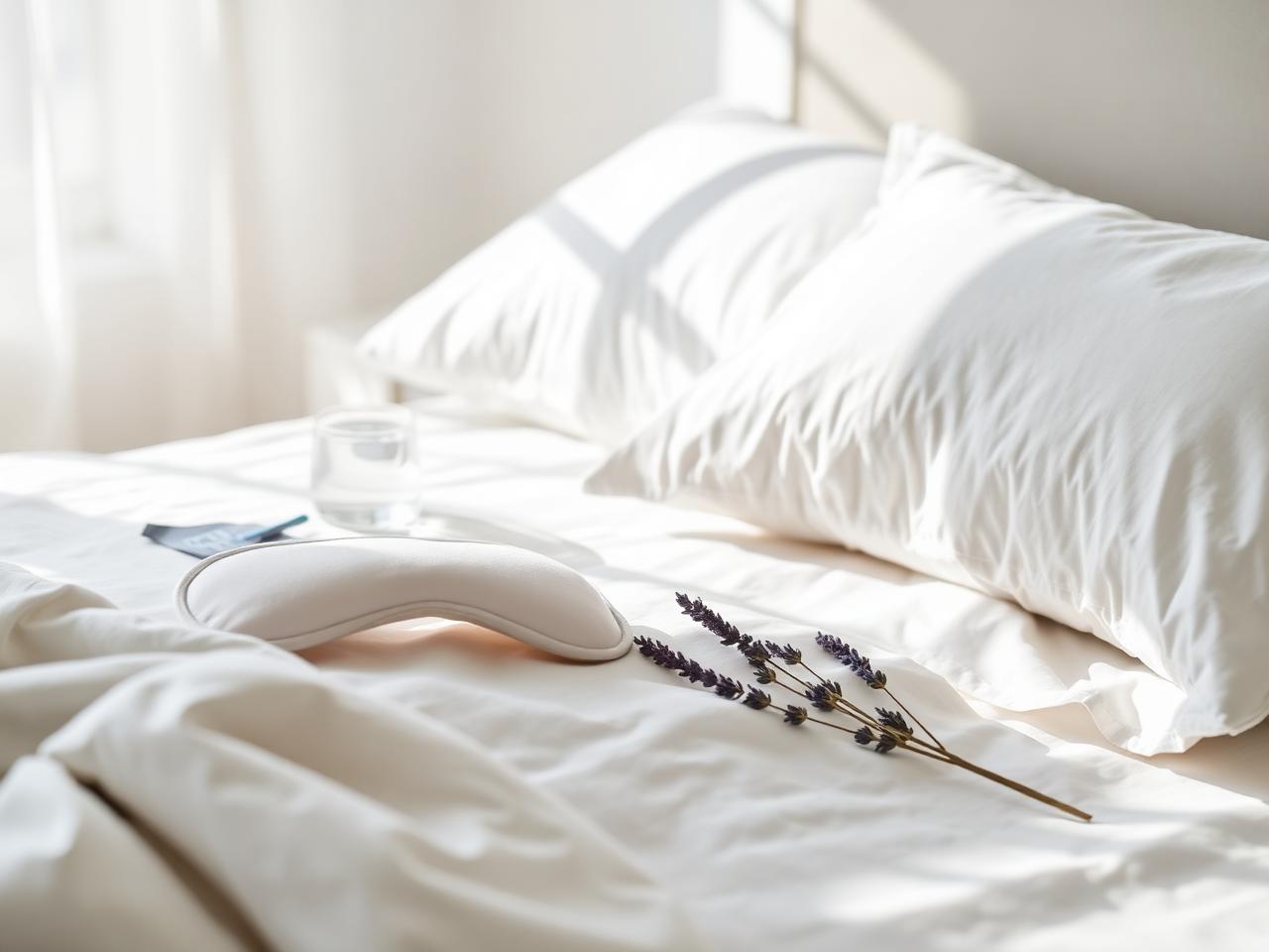 Eye mask, cool pad, water glass and lavender on white bedding