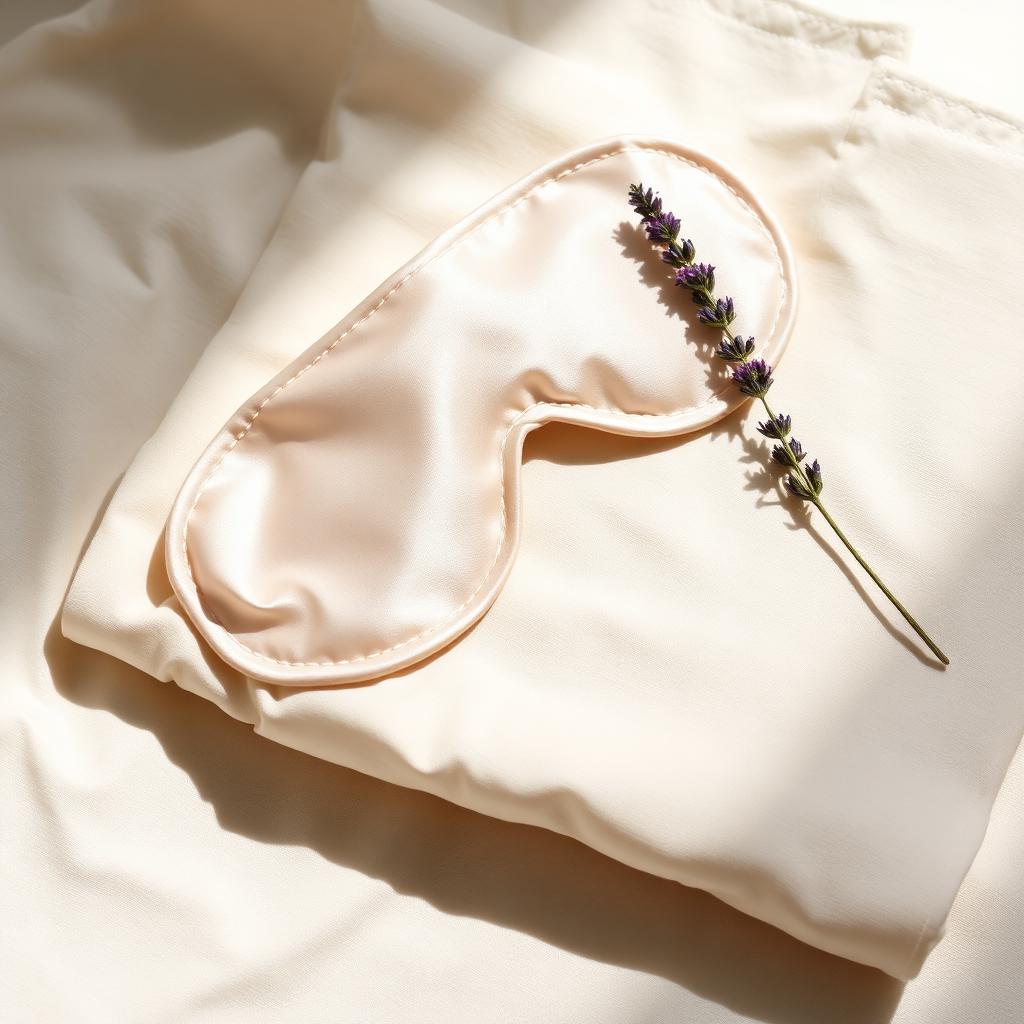 Folded silk eye mask beside a single sprig of dried lavender on cream linen