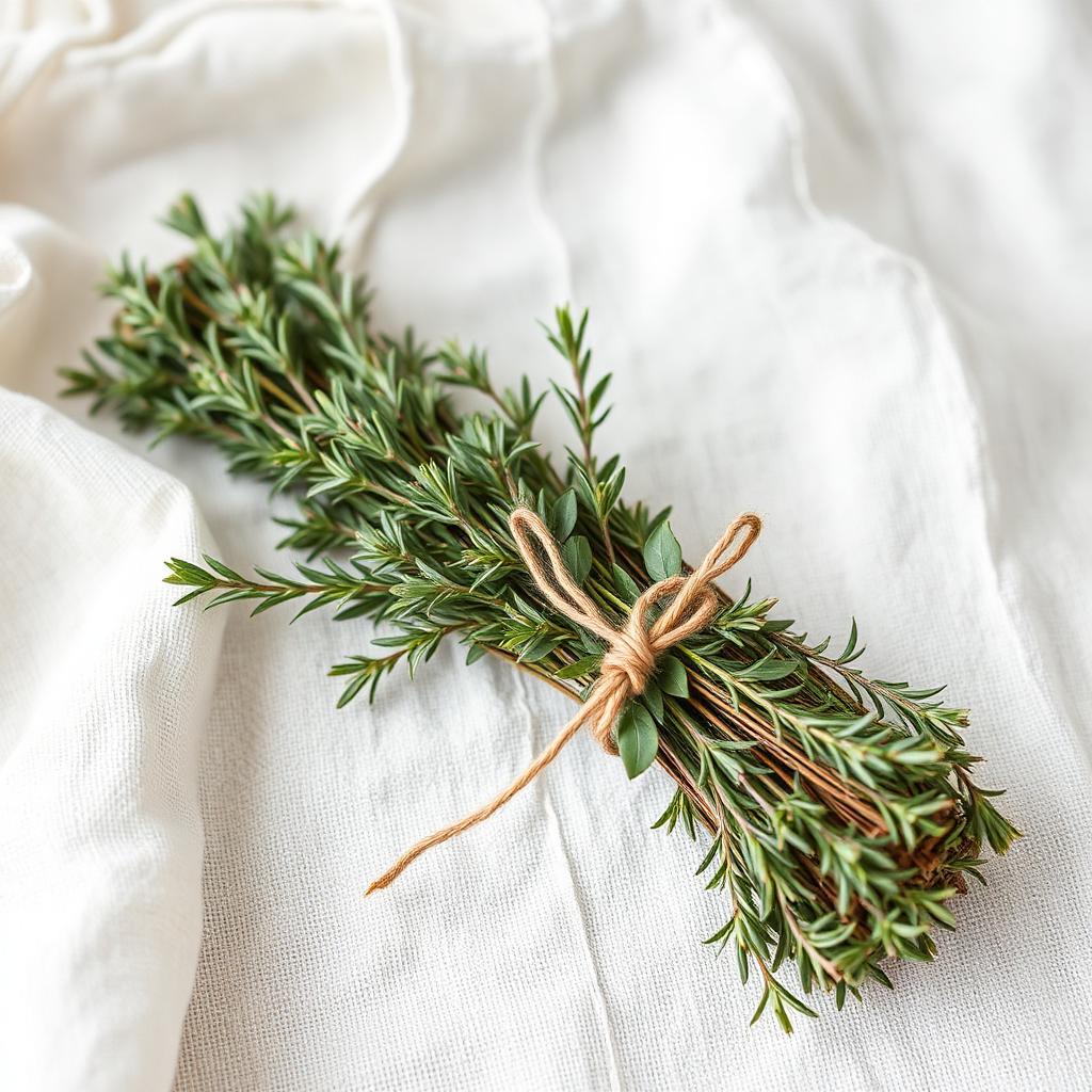 Bundle of fresh sage and rosemary sprigs tied with natural twine