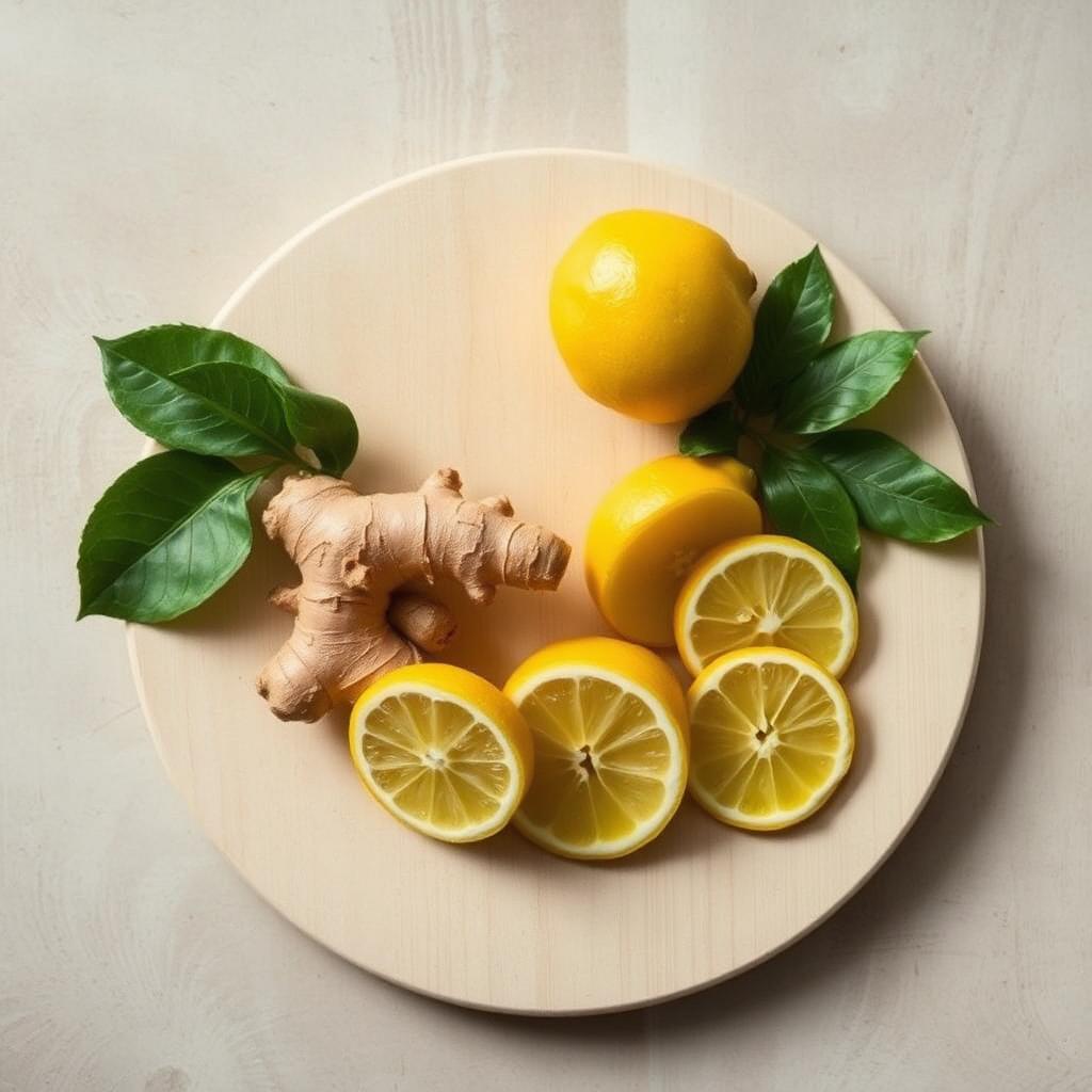 Fresh ginger root and lemon slices on a pale wooden board