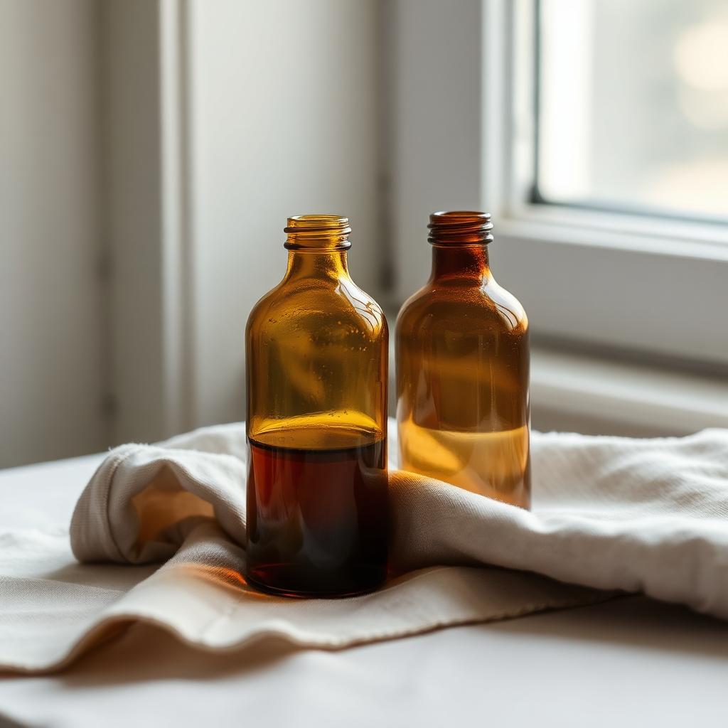 Two apothecary bottles side by side on a folded linen cloth, soft window light