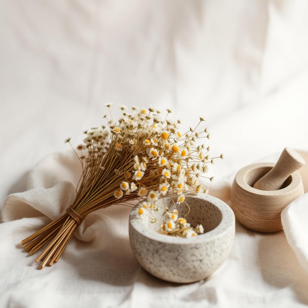 Bundle of dried chamomile and a small stone mortar on pale linen