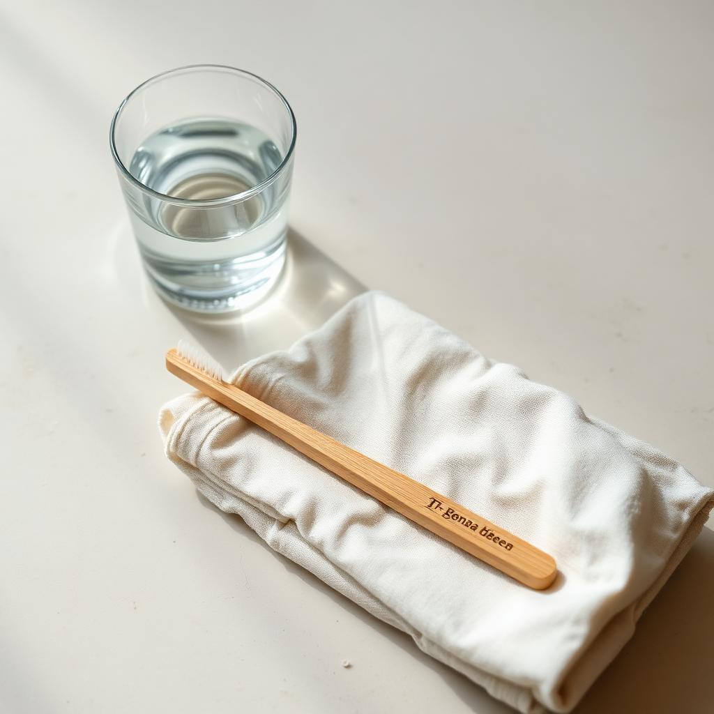 Bamboo toothbrush and a glass of water on a pale stone surface