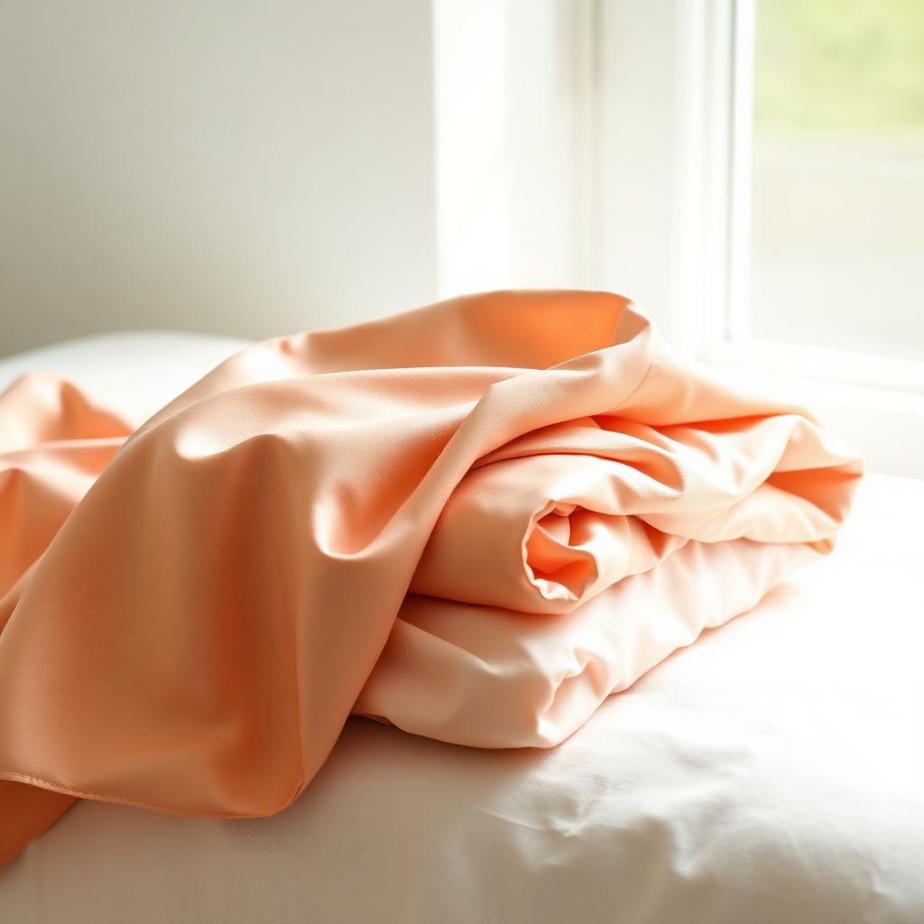 Folded pale peach silk fabric on cream linen in soft window light