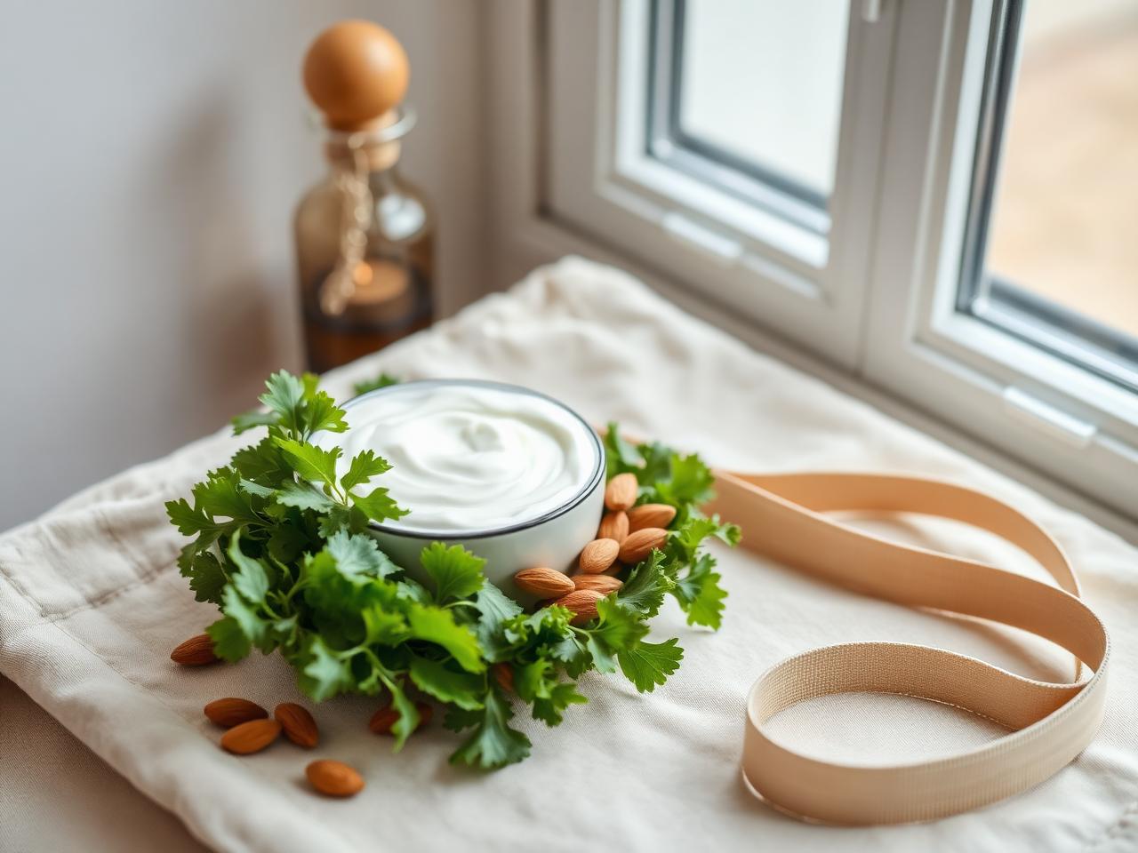 Yoghurt, leafy greens, almonds and resistance band on pale linen