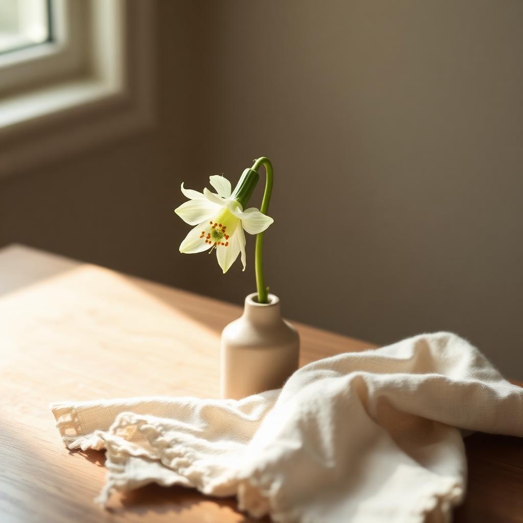 A single flowering stem in a small ceramic vase on a linen napkin