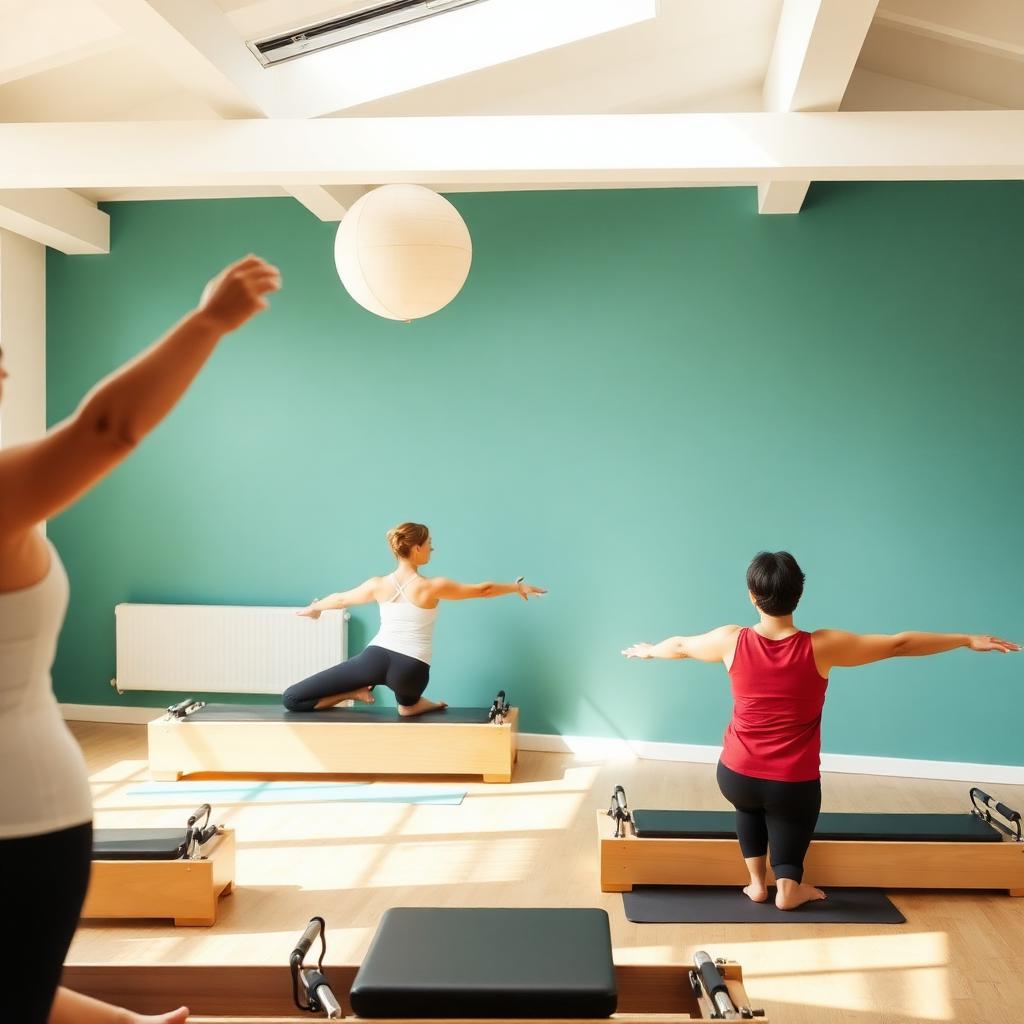 Rolled mat, resistance band and water bottle on pale floor