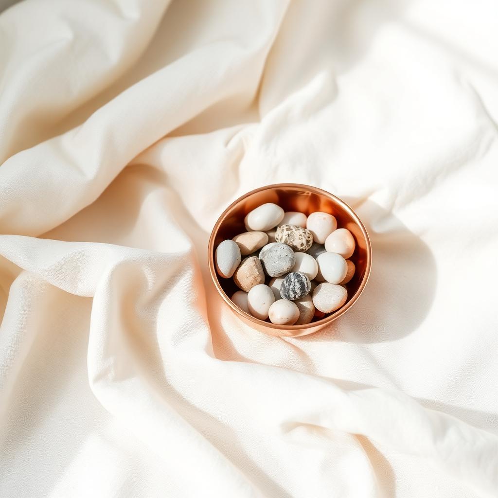 Small copper bowl holding pale smooth beach pebbles on cream linen