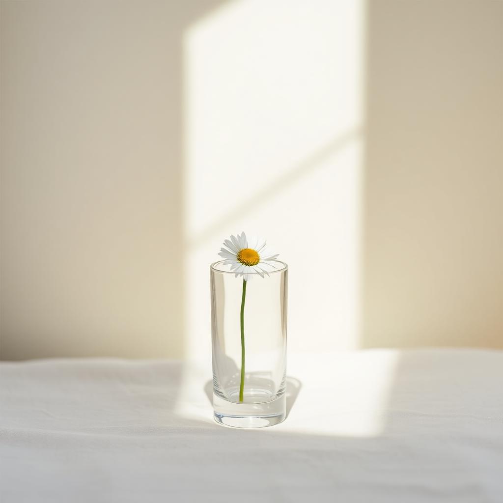 Single small white daisy in a slim clear glass on cream linen