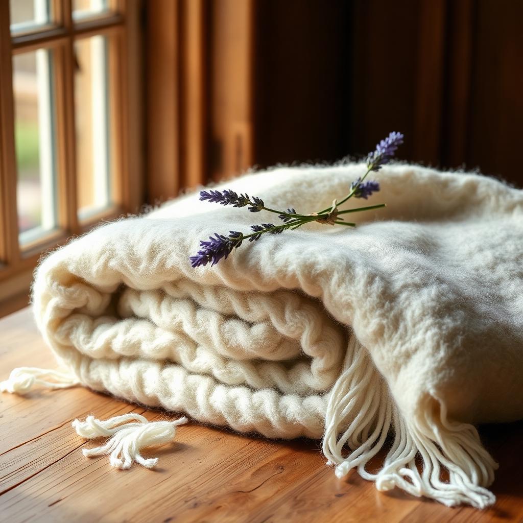 Soft cream wool throw folded on oak with a sprig of dried lavender
