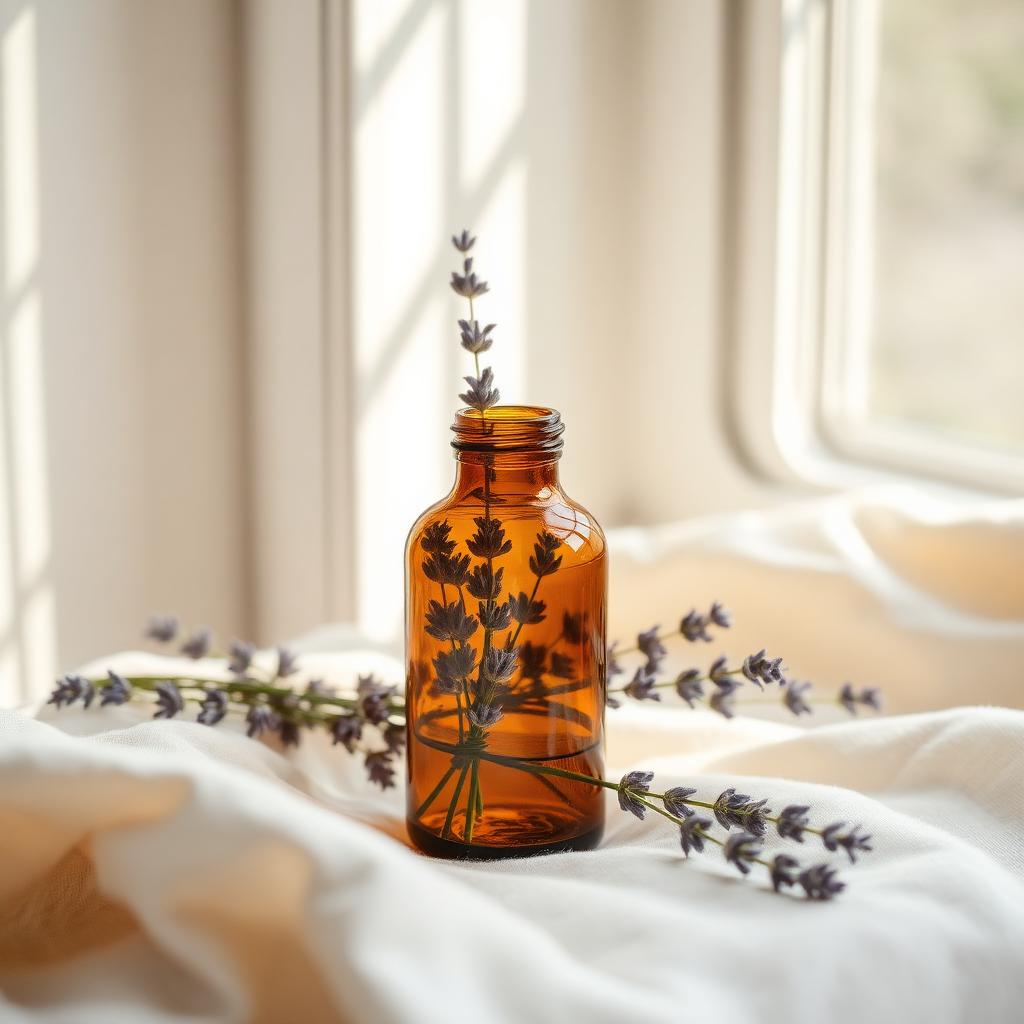 Amber glass apothecary jar with dried lavender sprigs on cream linen