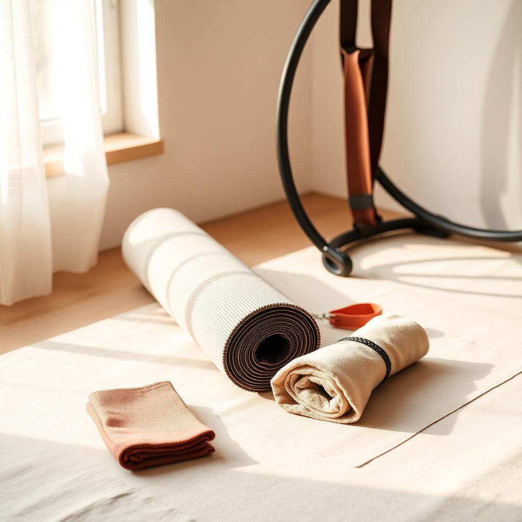 Rolled yoga mat, resistance band and pilates ring on pale linen