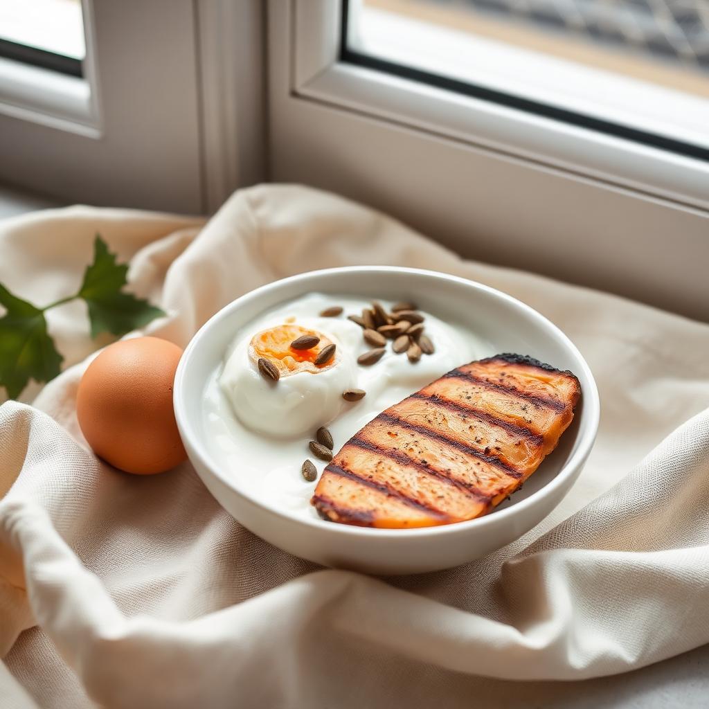 Bowl of yoghurt with seeds, a boiled egg and grilled fish