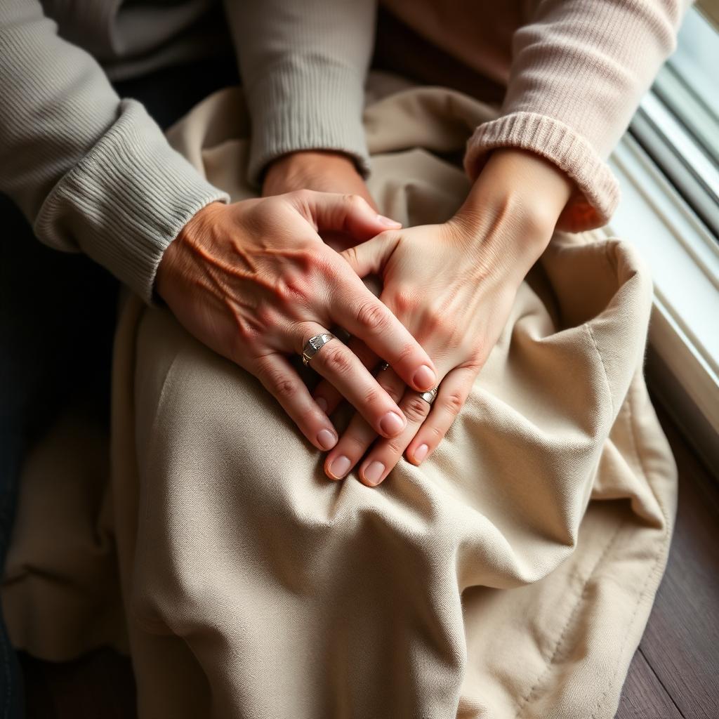 Two mature hands resting together on a folded linen throw