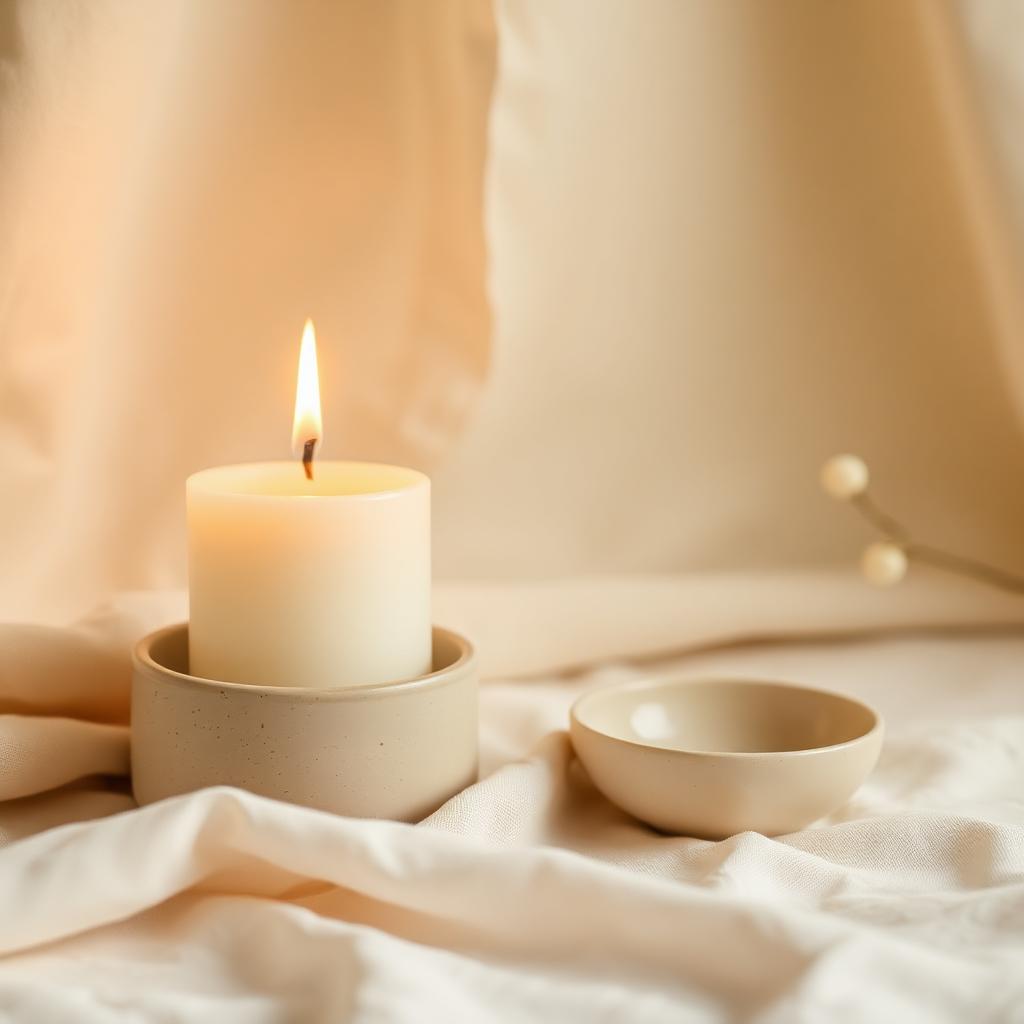 Lit unscented candle beside a small matte ceramic bowl on cream linen