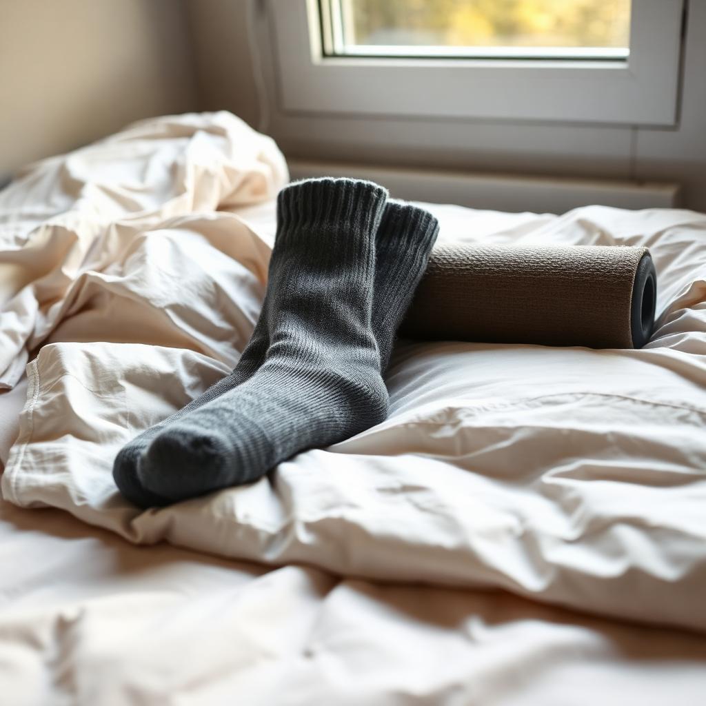 Soft wool bed socks and a foam roller on folded cream bedsheets