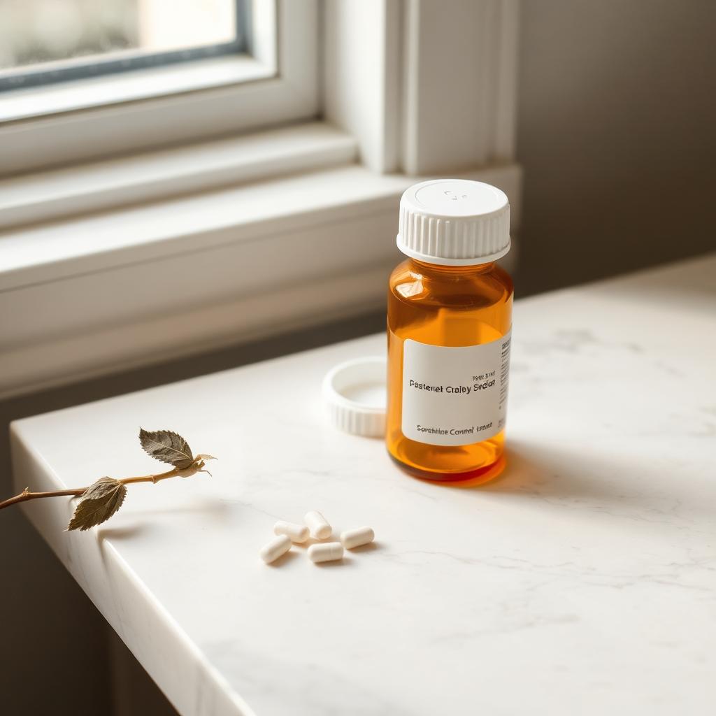 Empty amber prescription bottle on pale marble beside a single dried rose