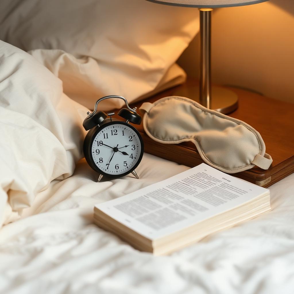 Bedside table with a small clock, folded eye mask and paperback