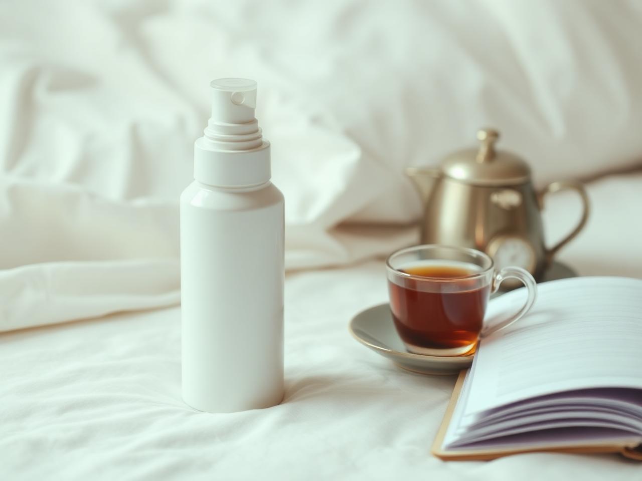 Plain HRT pump bottle, blank diary and tea on soft bedding in natural light