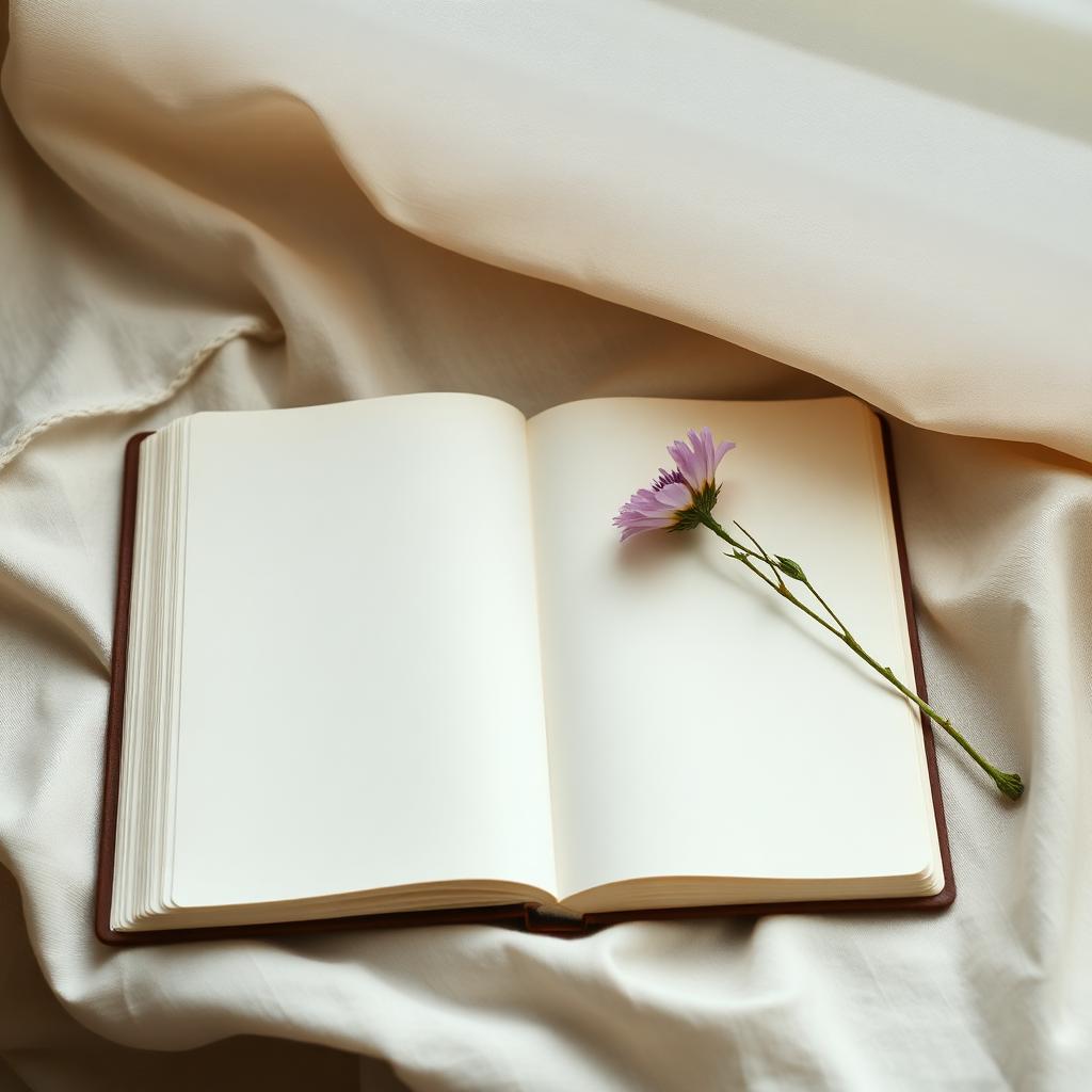 Open notebook with a blank page beside a single wildflower on cream linen
