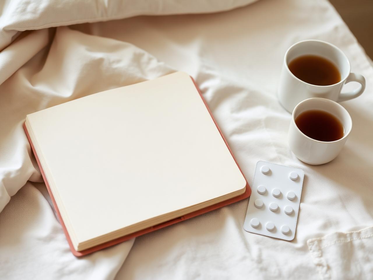 Blank notebook, tea and unbranded tablets on soft cream bedding