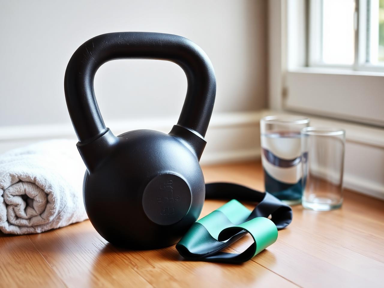 Kettlebell, towel, resistance band and water glass on a wooden floor
