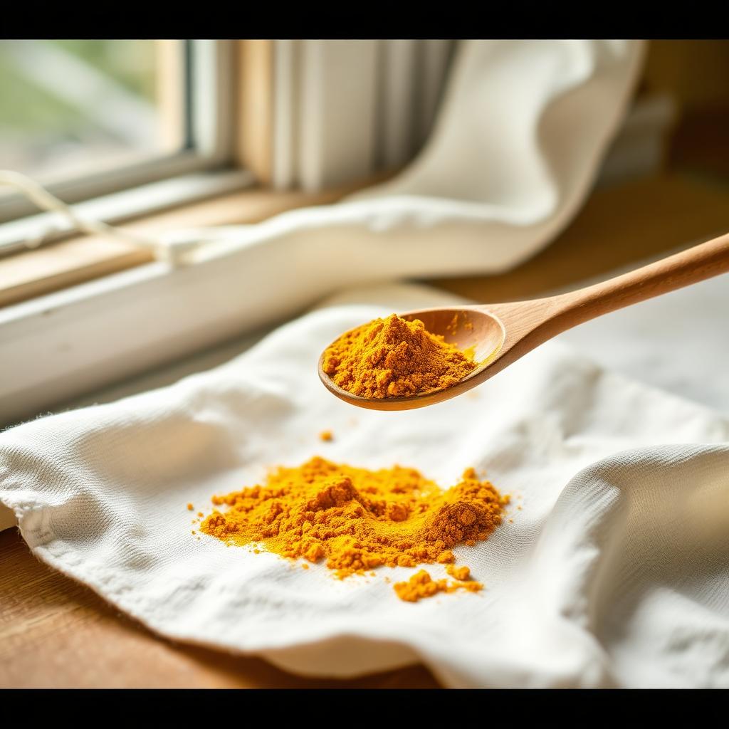 Wooden spoon holding a small mound of golden turmeric powder on cream linen