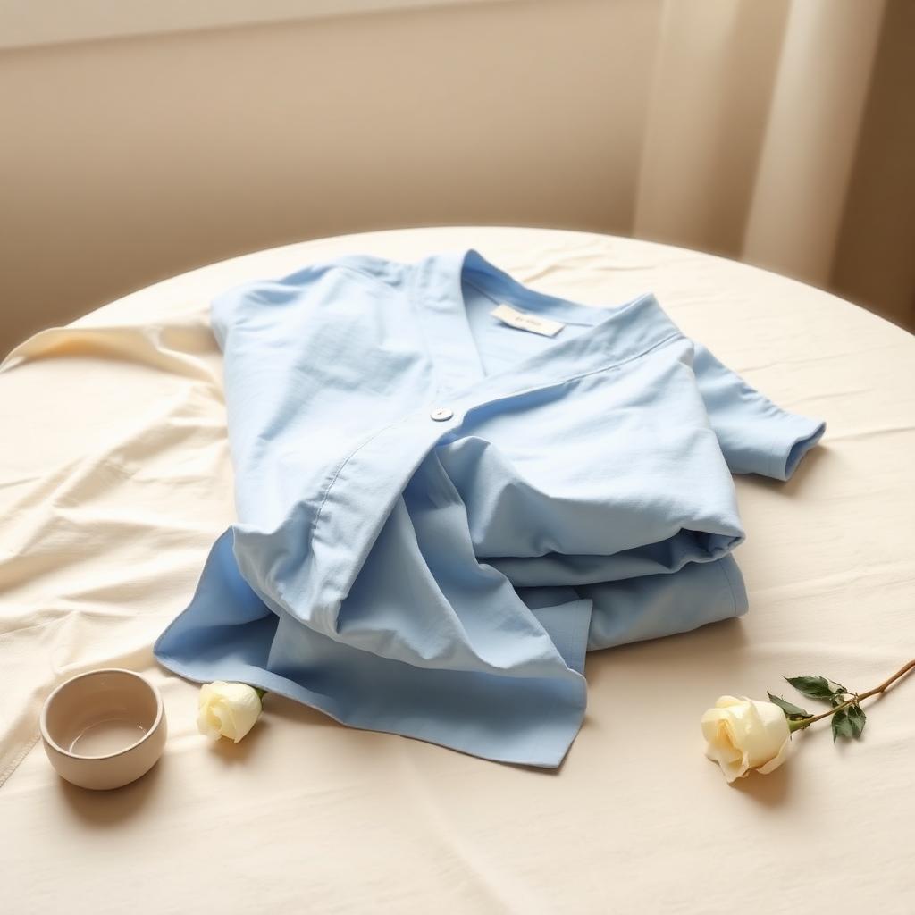 Folded soft hospital gown on cream linen with a small ceramic bowl