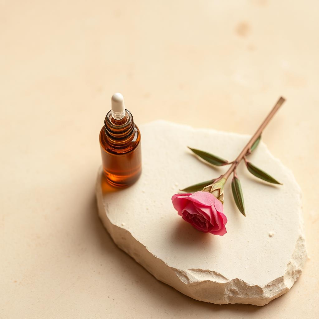Amber dropper bottle beside a single rose on stone slab