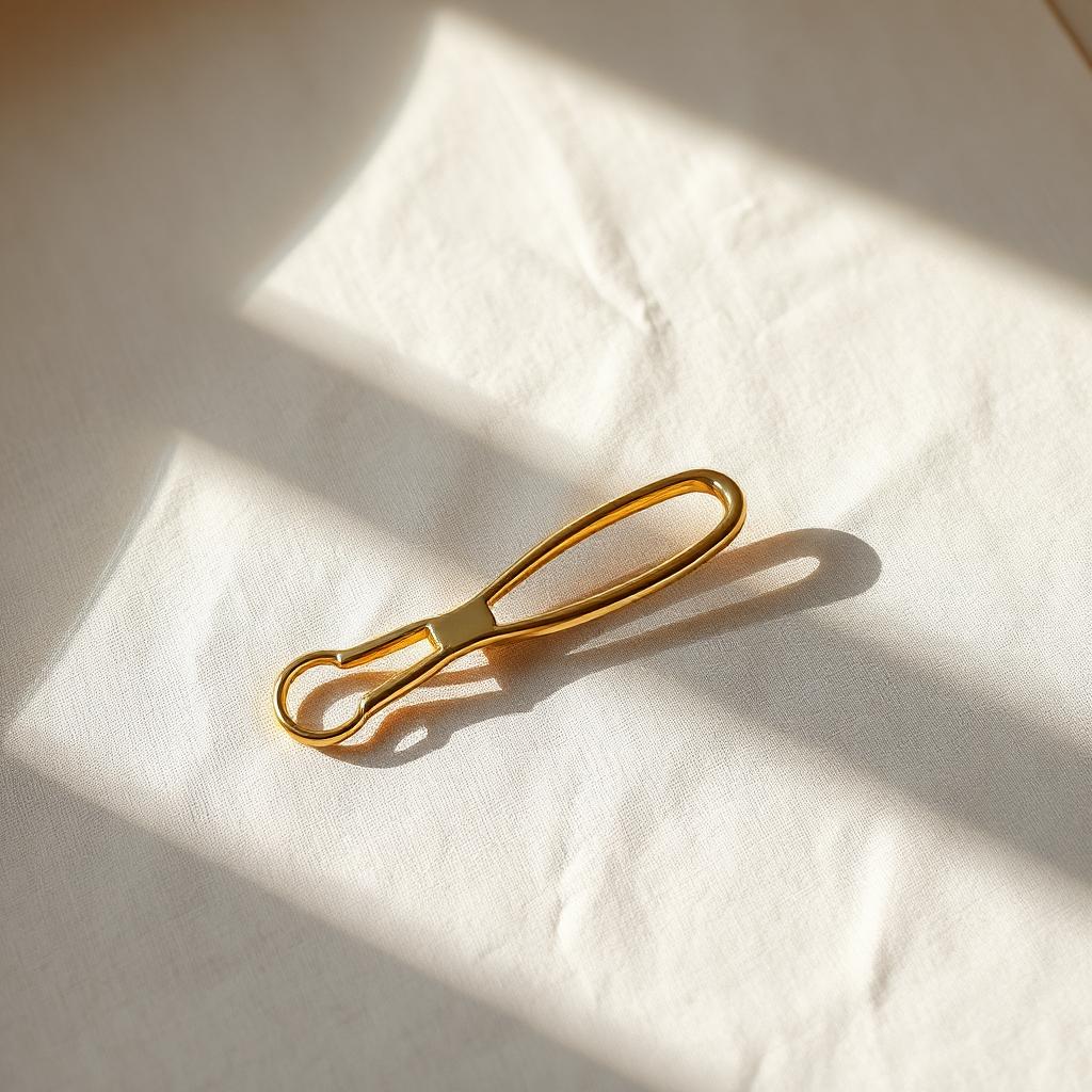 Small brass tuning fork on cream linen with soft shadows