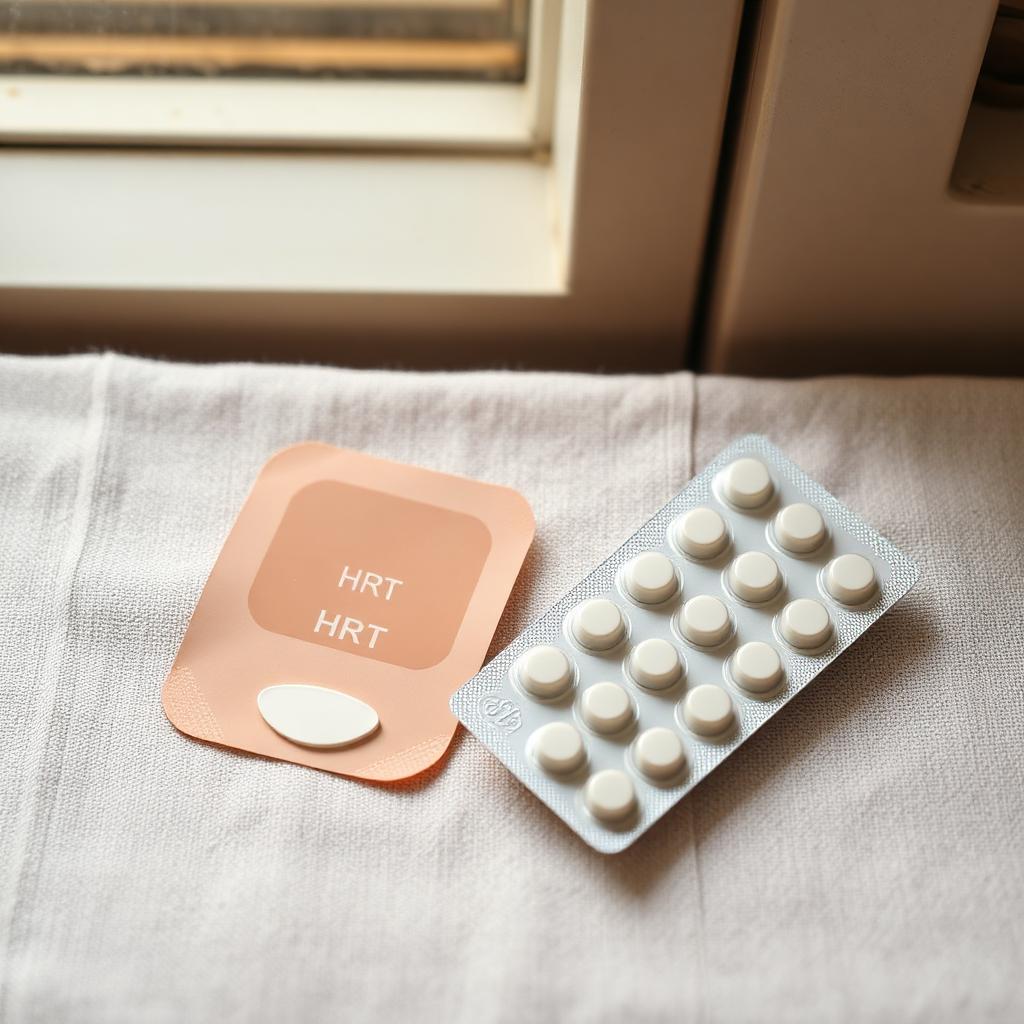 HRT skin patch beside a blister strip of tablets on pale linen