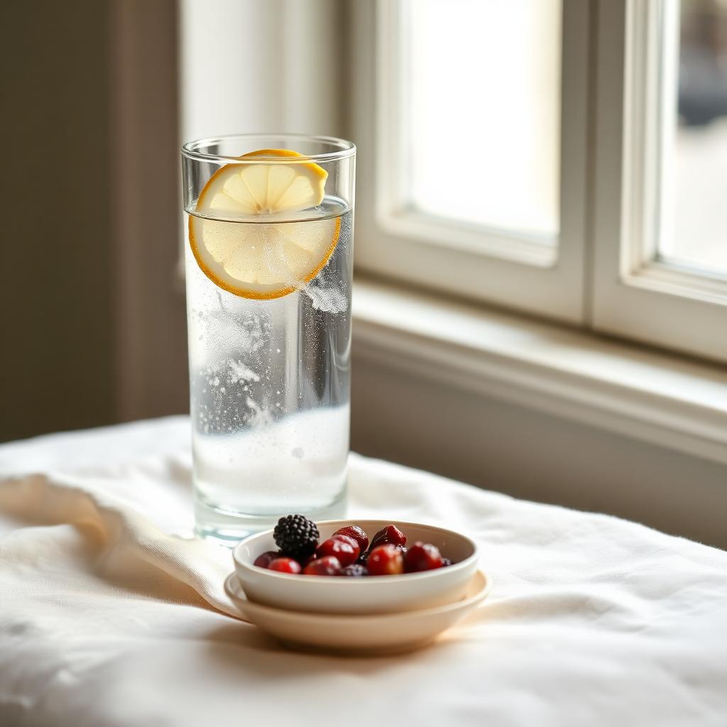 Tall glass of water with lemon and a small dish of cranberries